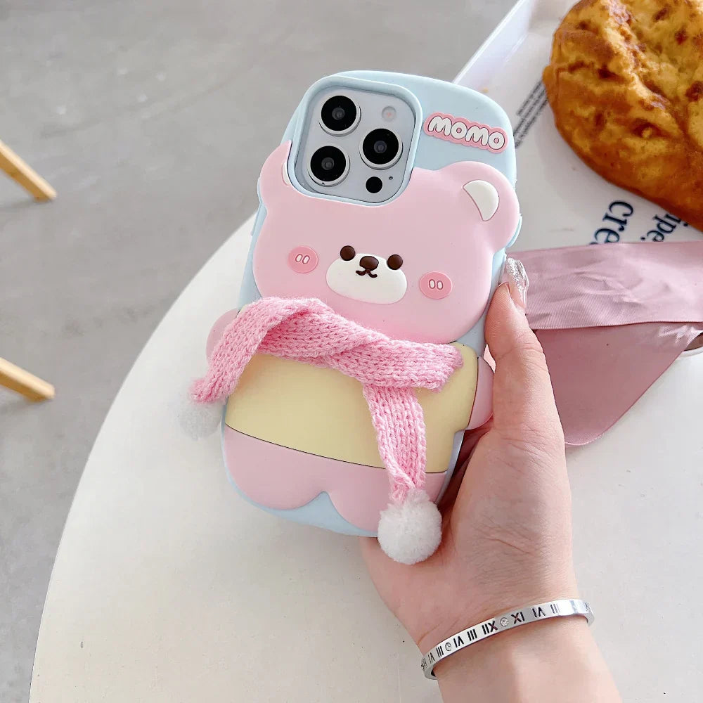 Cute Bear With Scarf Silicon Phone Case For iPhone 16 Pro Max