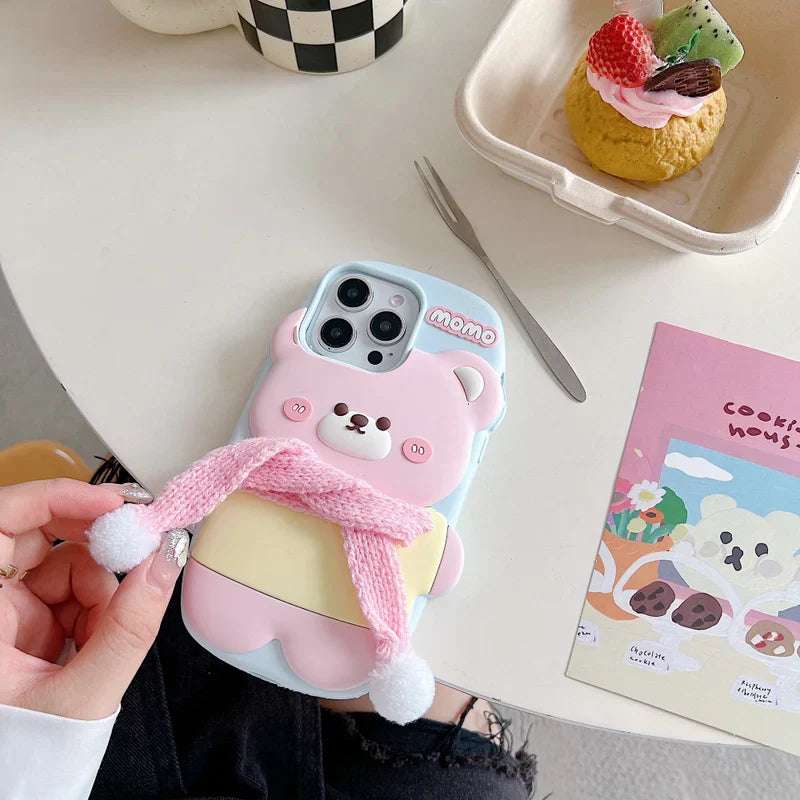 Cute Bear With Scarf Silicon Phone Case For iPhone 16 Pro Max