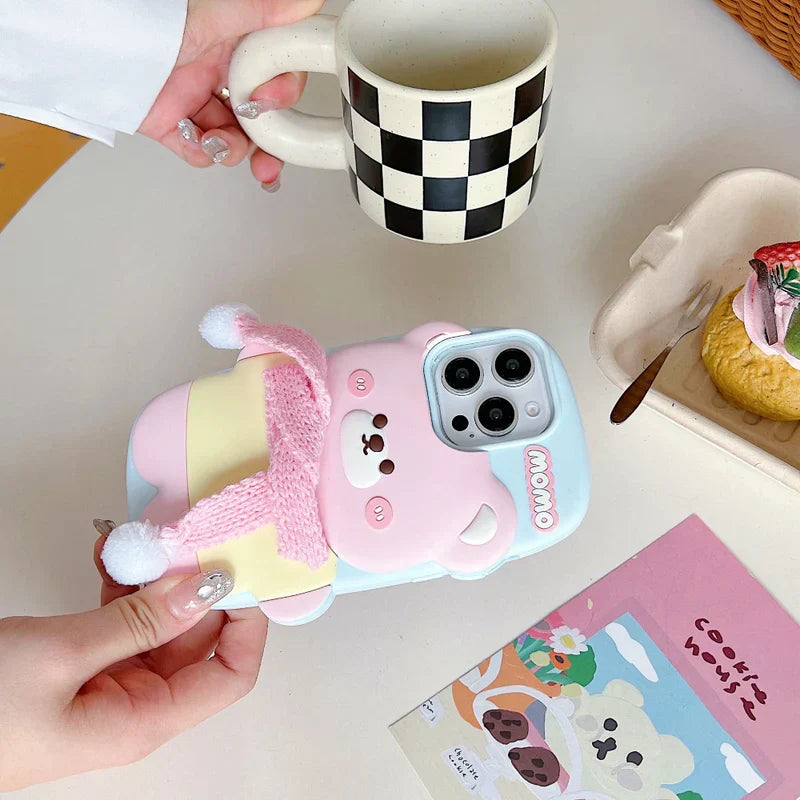 Cute Bear With Scarf Silicon Phone Case For iPhone 16 Pro Max