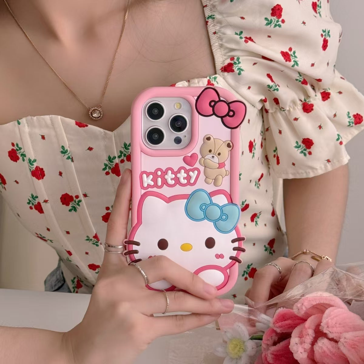 Bow Bear Kitty Silicon Phone Case For iPhone 15 Plus