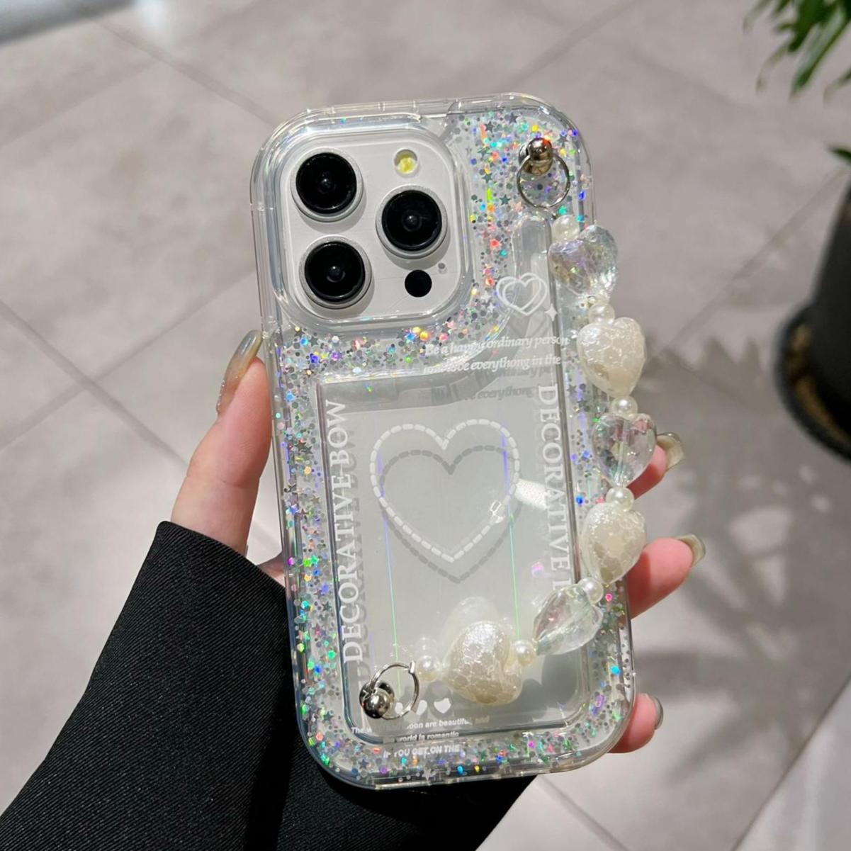 Decorative Bow Glitter Heart With Heart Chain Silicon Phone Cases For iPhone 16 Pro Max