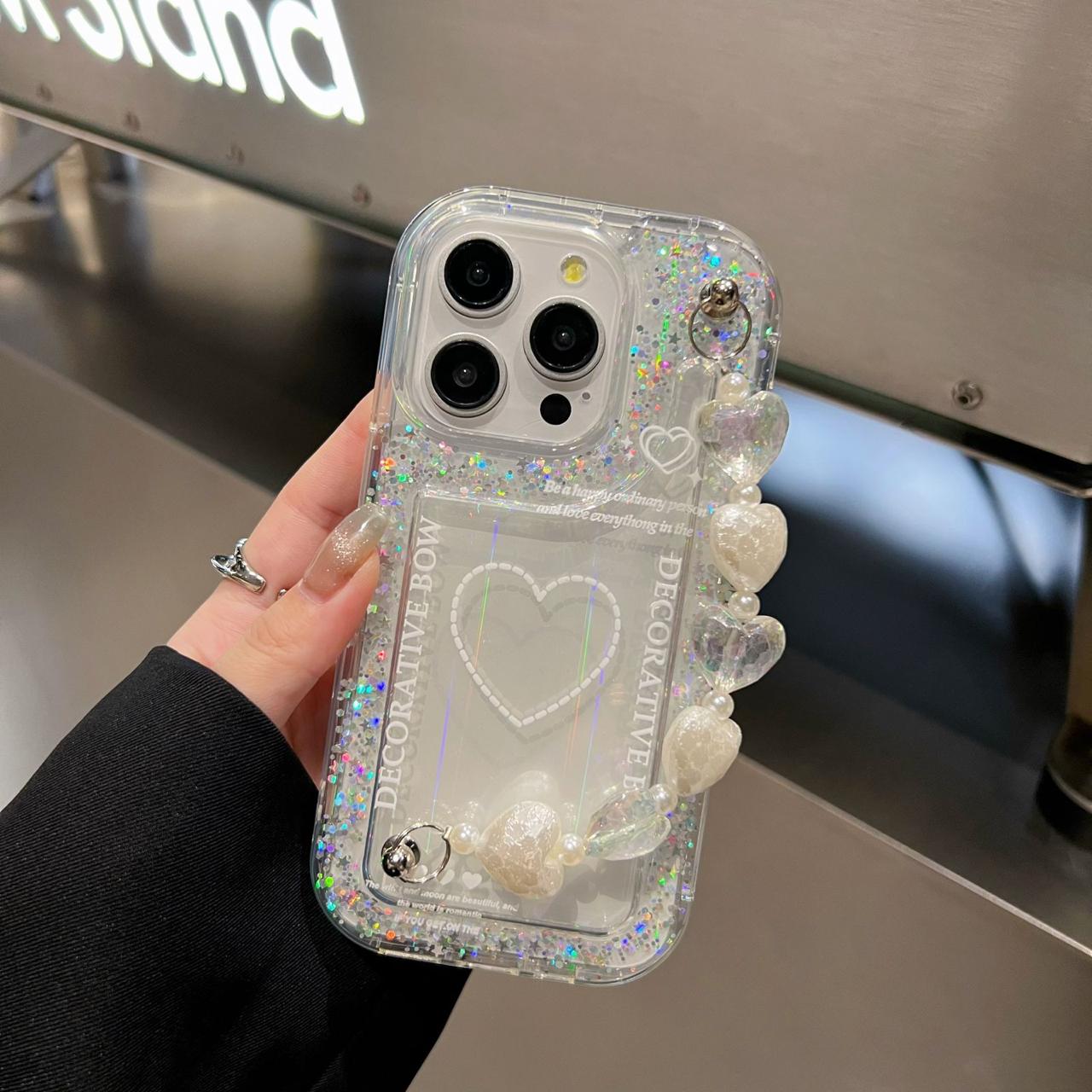 Decorative Bow Glitter Heart With Heart Chain Silicon Phone Cases For iPhone 15 Plus