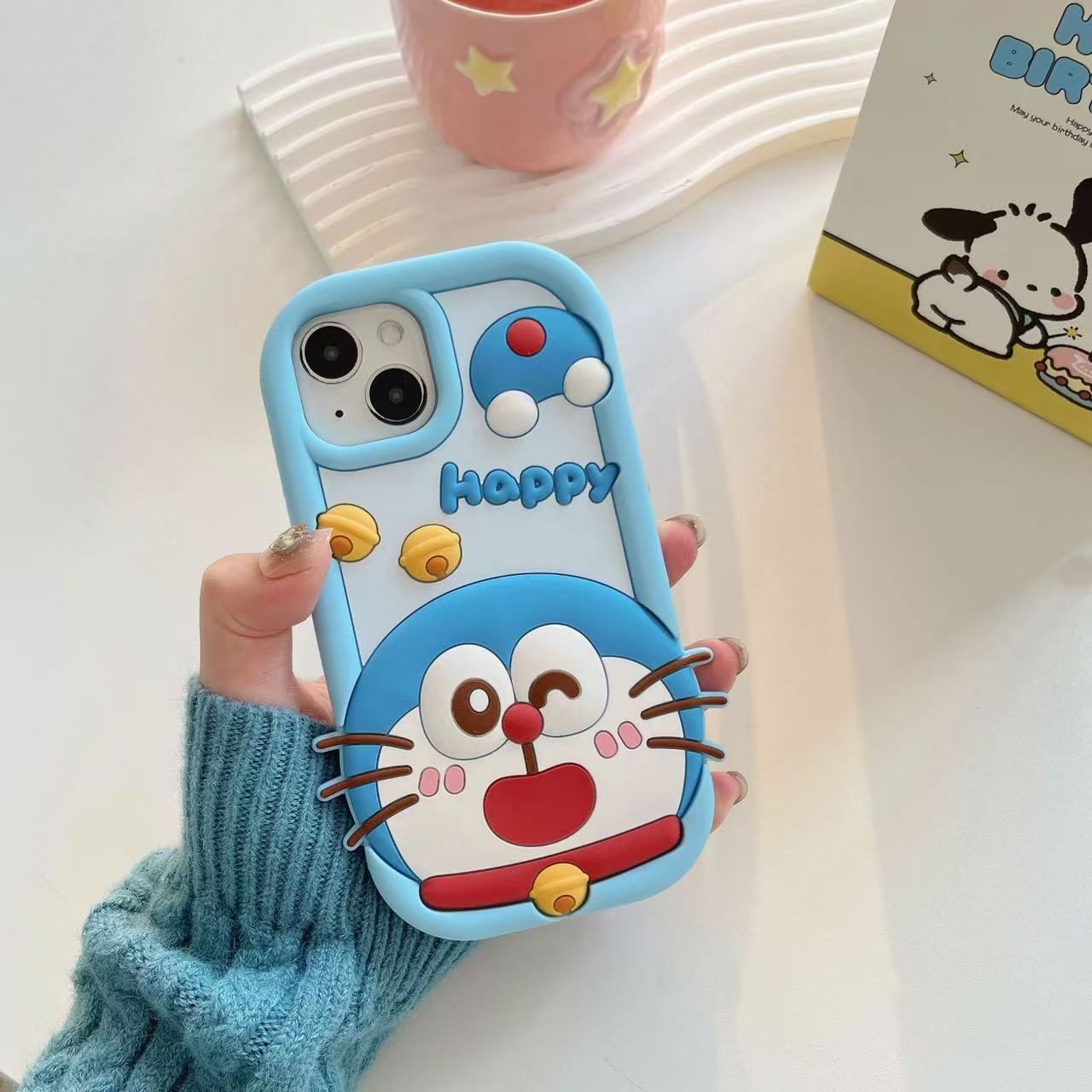Happy Doraemon Silicon Phone Case For iPhone 15 Plus (Universal Camera Cut)