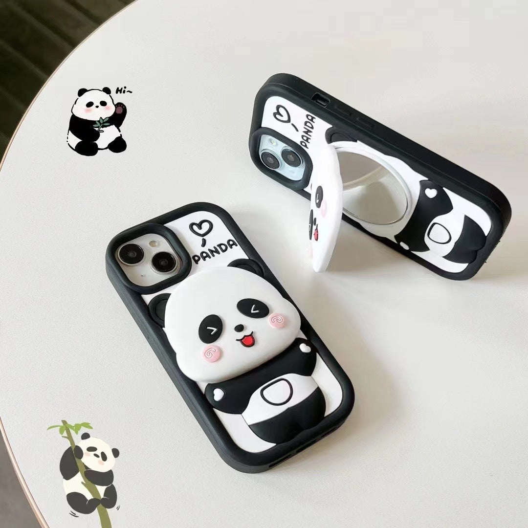 Cute Panda Wtih Mirror Stand Silicon Phone Case For iPhone 15