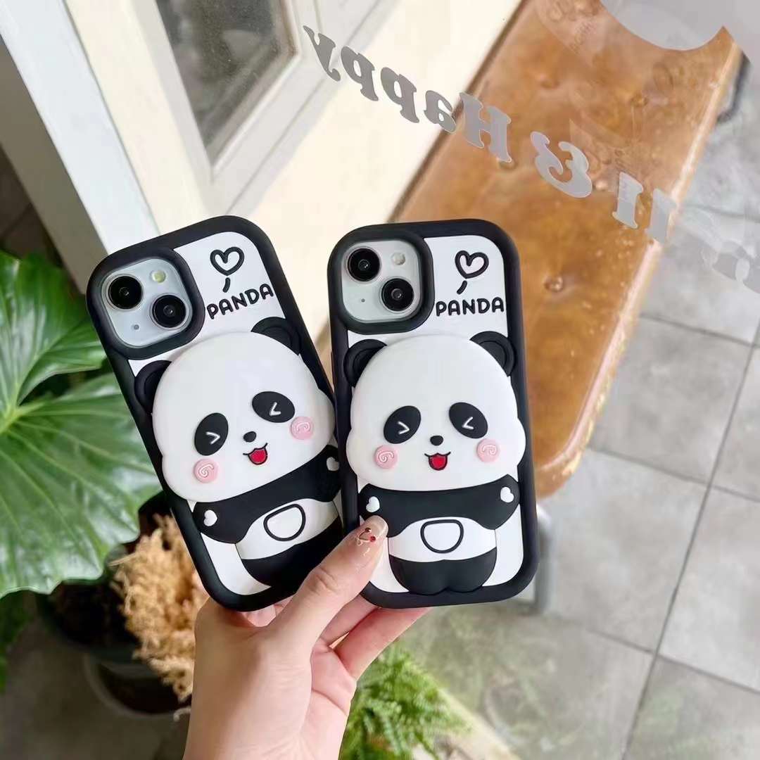 Cute Panda Wtih Mirror Stand Silicon Phone Case For iPhone 15