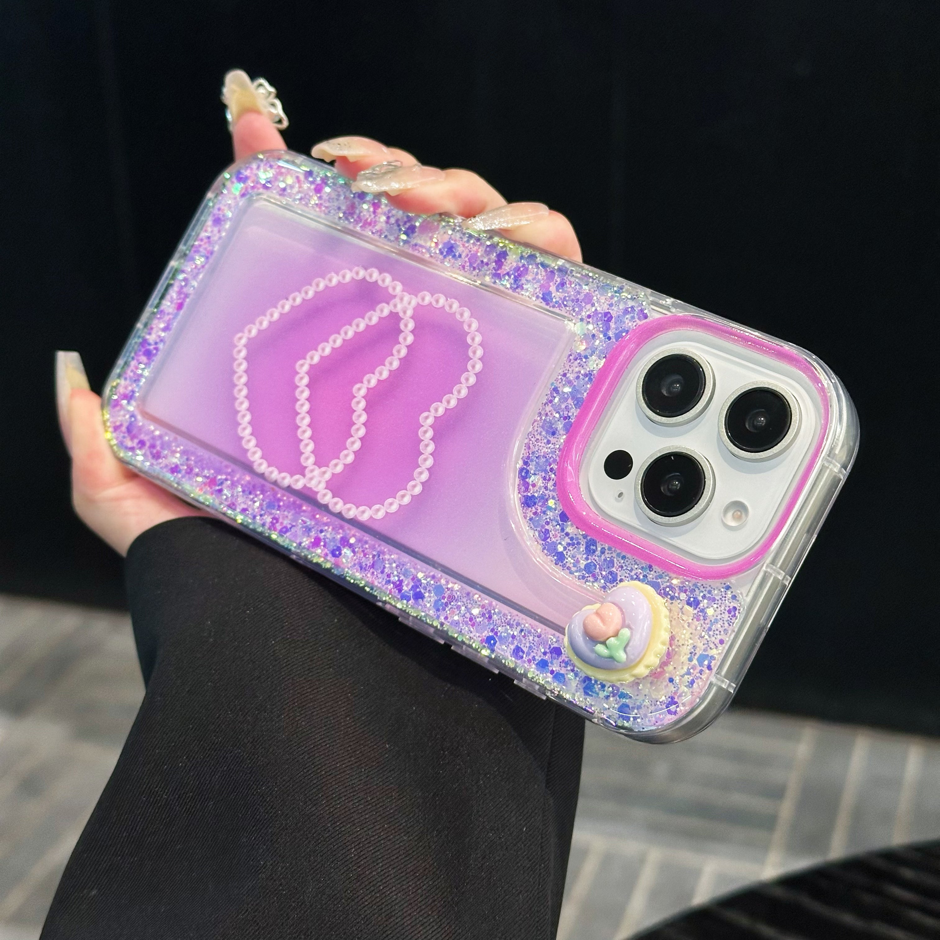 Pink Glitter Diamond Heart Silicon Phone Case For iPhone 15 Plus