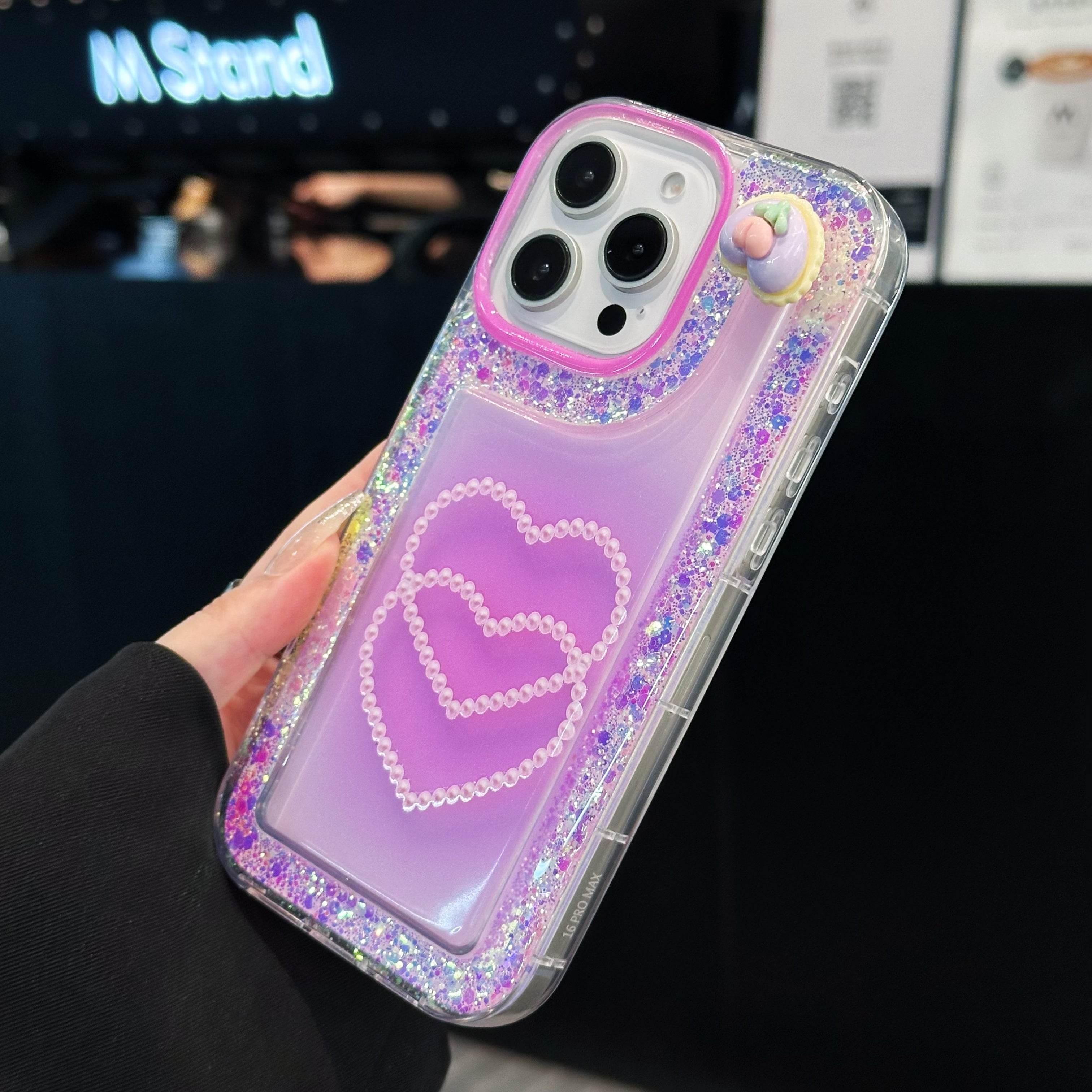 Pink Glitter Diamond Heart Silicon Phone Case For iPhone 16