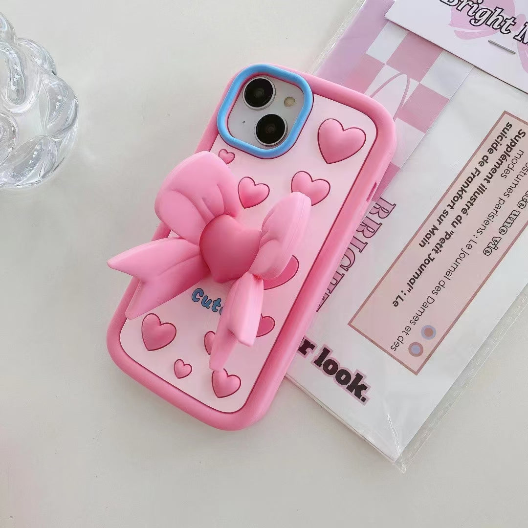 Pink Heart With Bow Stand Silicon Phone Cases For iPhone 14
