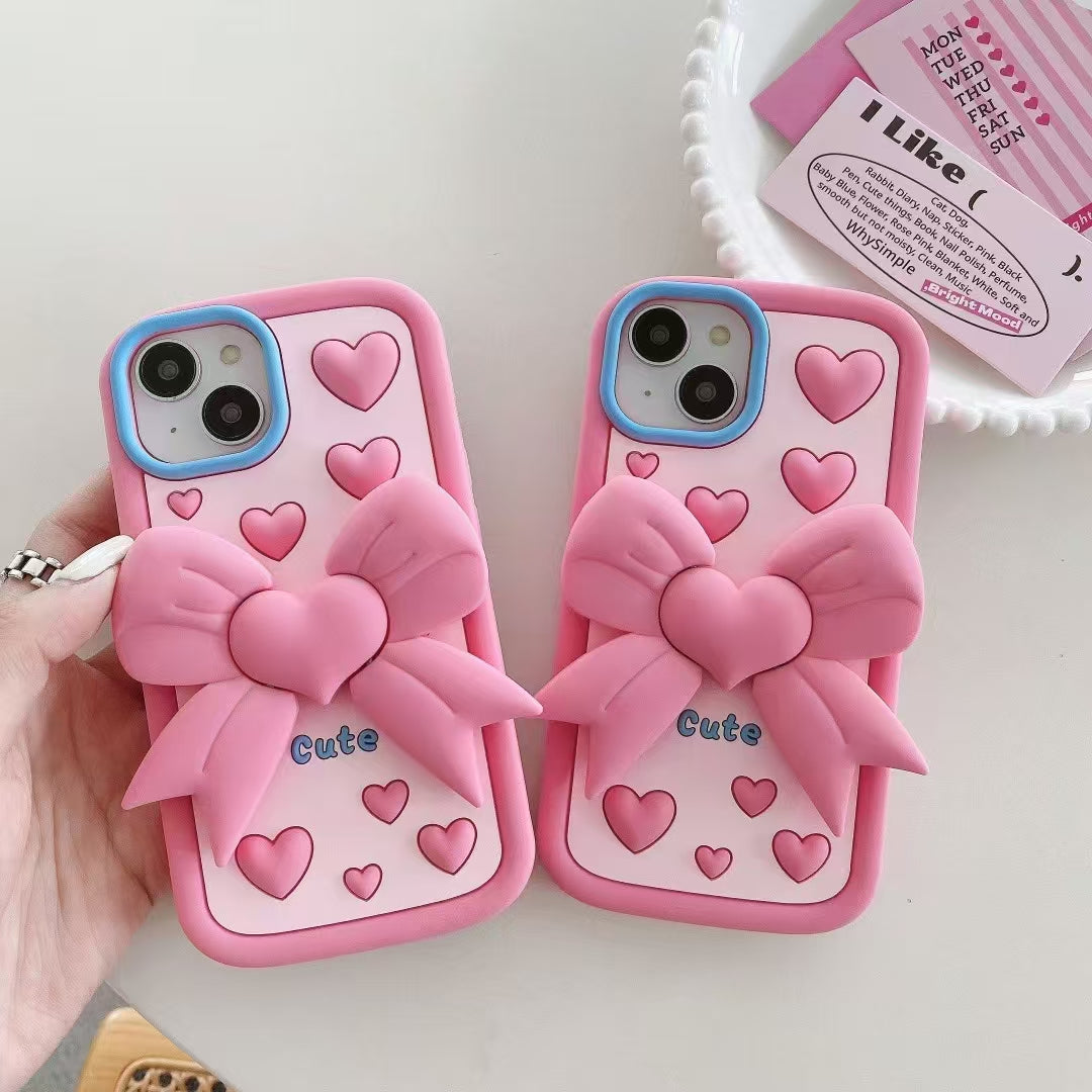 Pink Heart With Bow Stand Silicon Phone Cases For iPhone 14