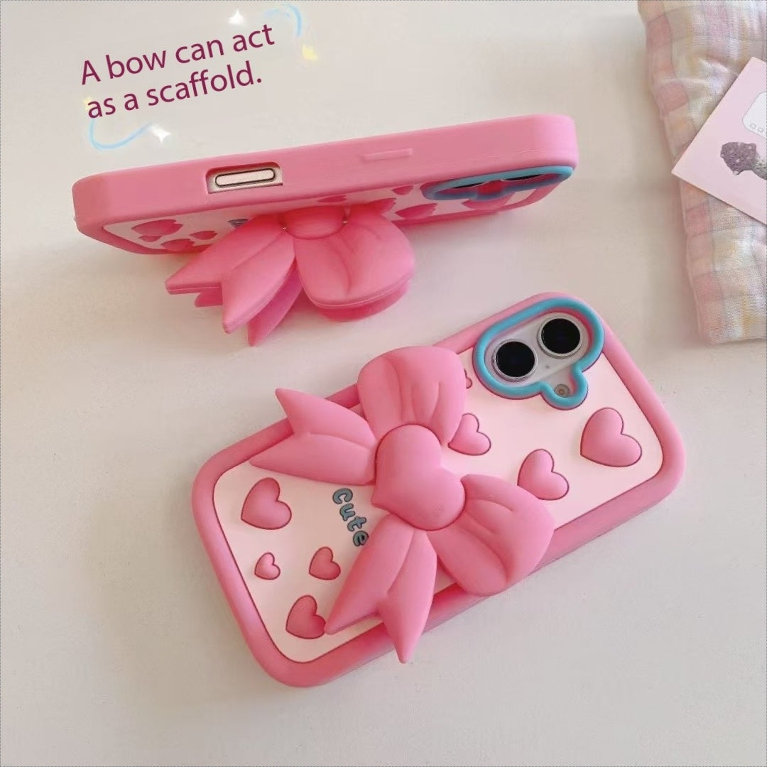 Pink Heart With Bow Stand Silicon Phone Cases For iPhone 16 Pro Max