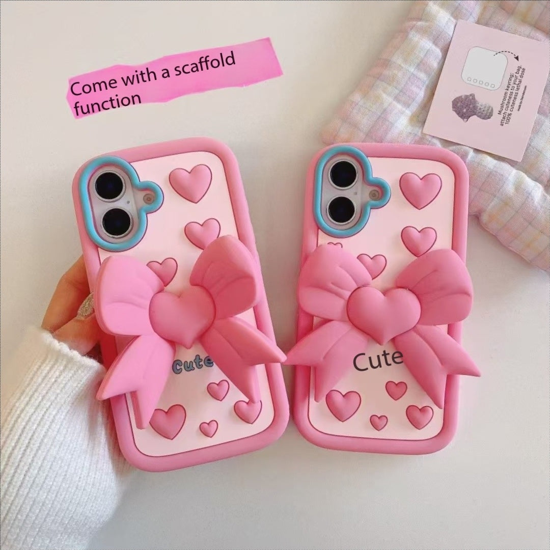 Pink Heart With Bow Stand Silicon Phone Cases For iPhone 14