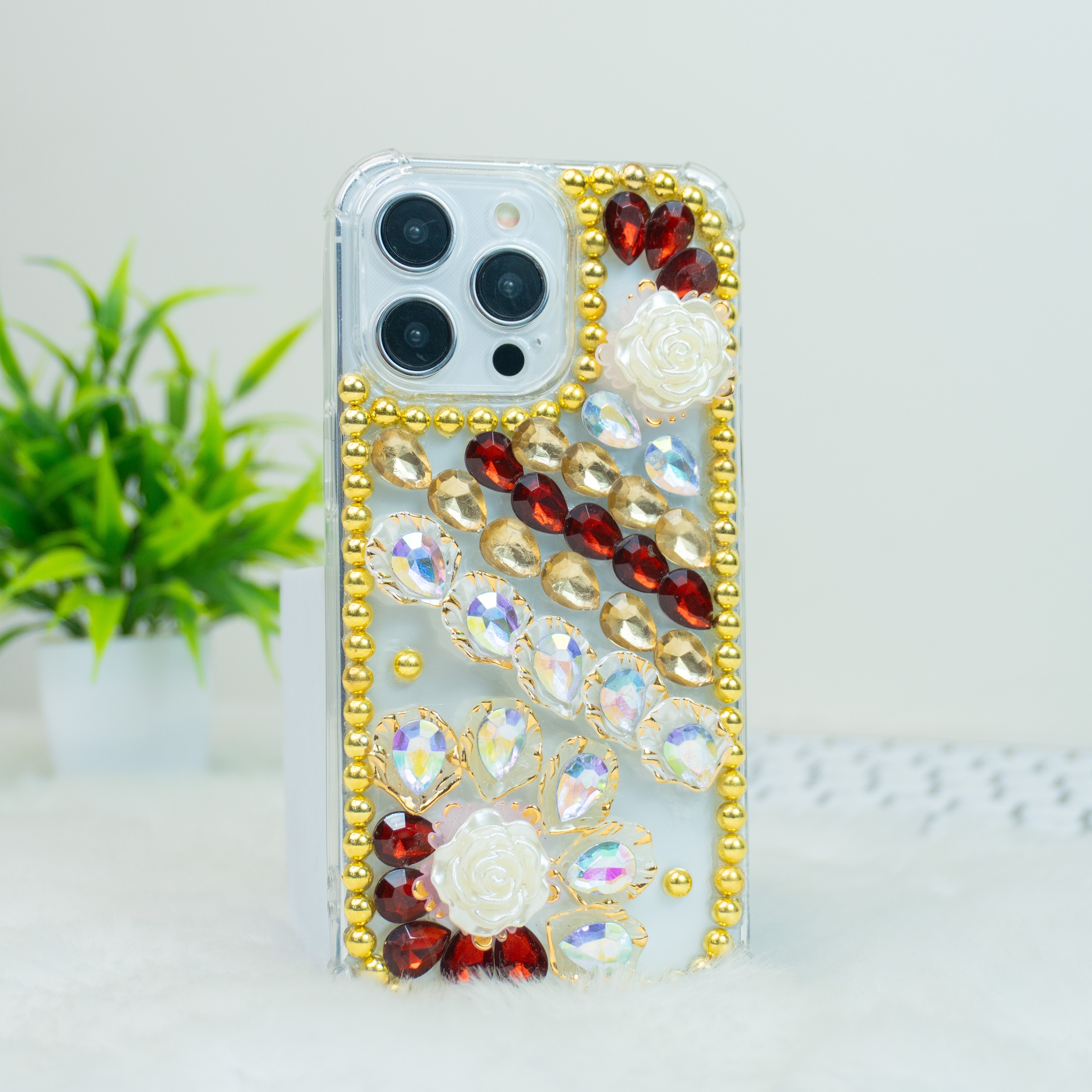 Red-Gold Diamond Silicon Phone Cases For iPhone 15 Plus