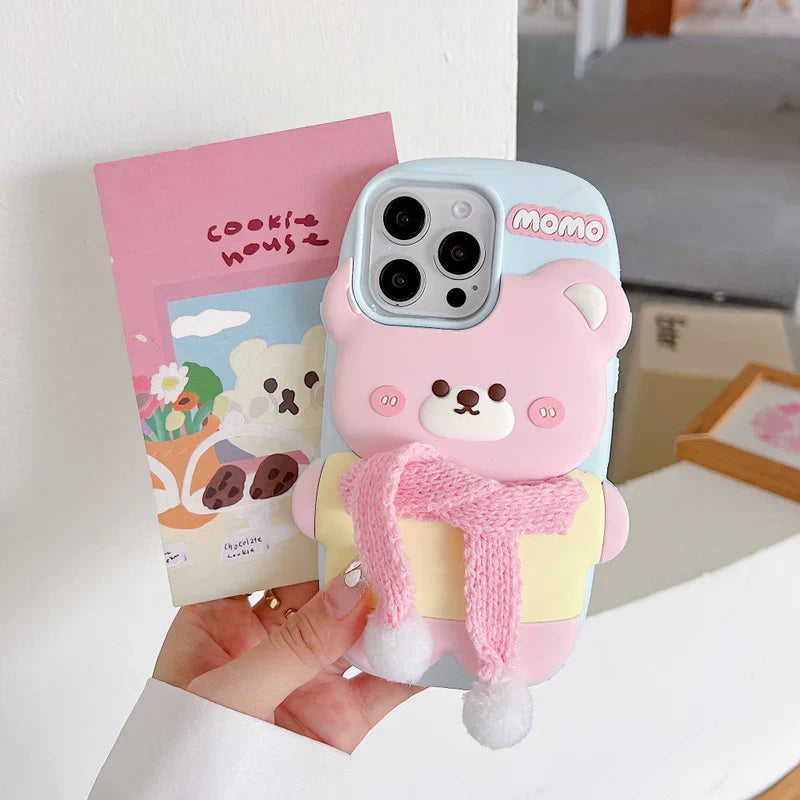 Cute Bear With Scarf Silicon Phone Case For iPhone 16 Pro Max