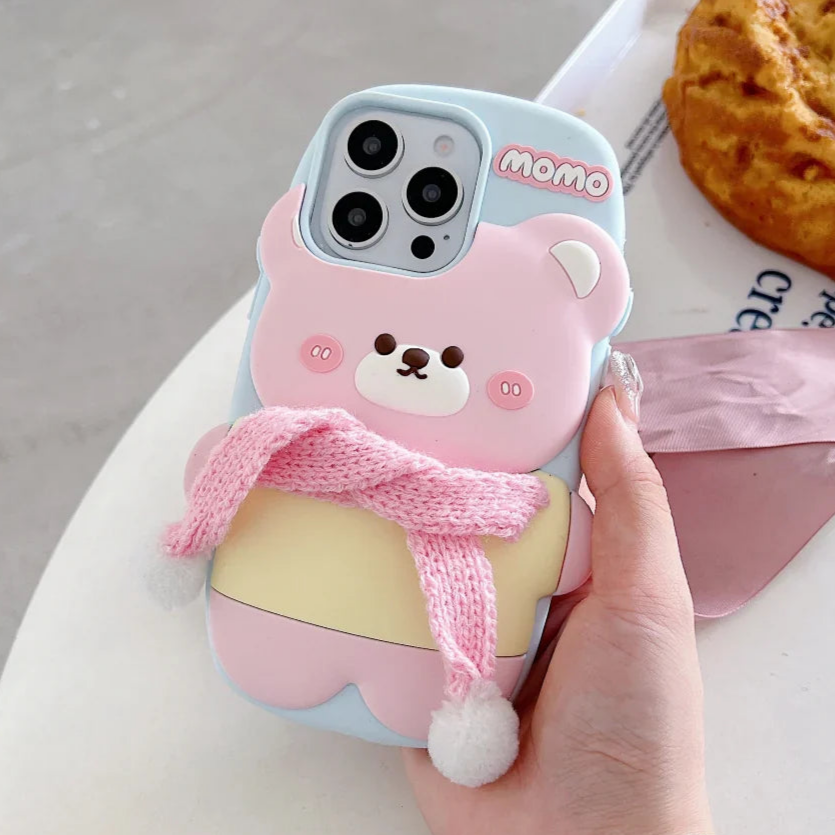 Cute Bear With Scarf Silicon Phone Case For iPhone 16