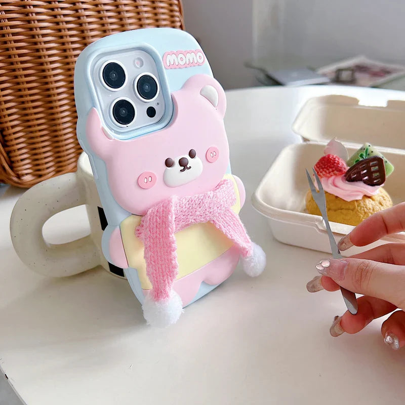 Cute Bear With Scarf Silicon Phone Case For iPhone 16
