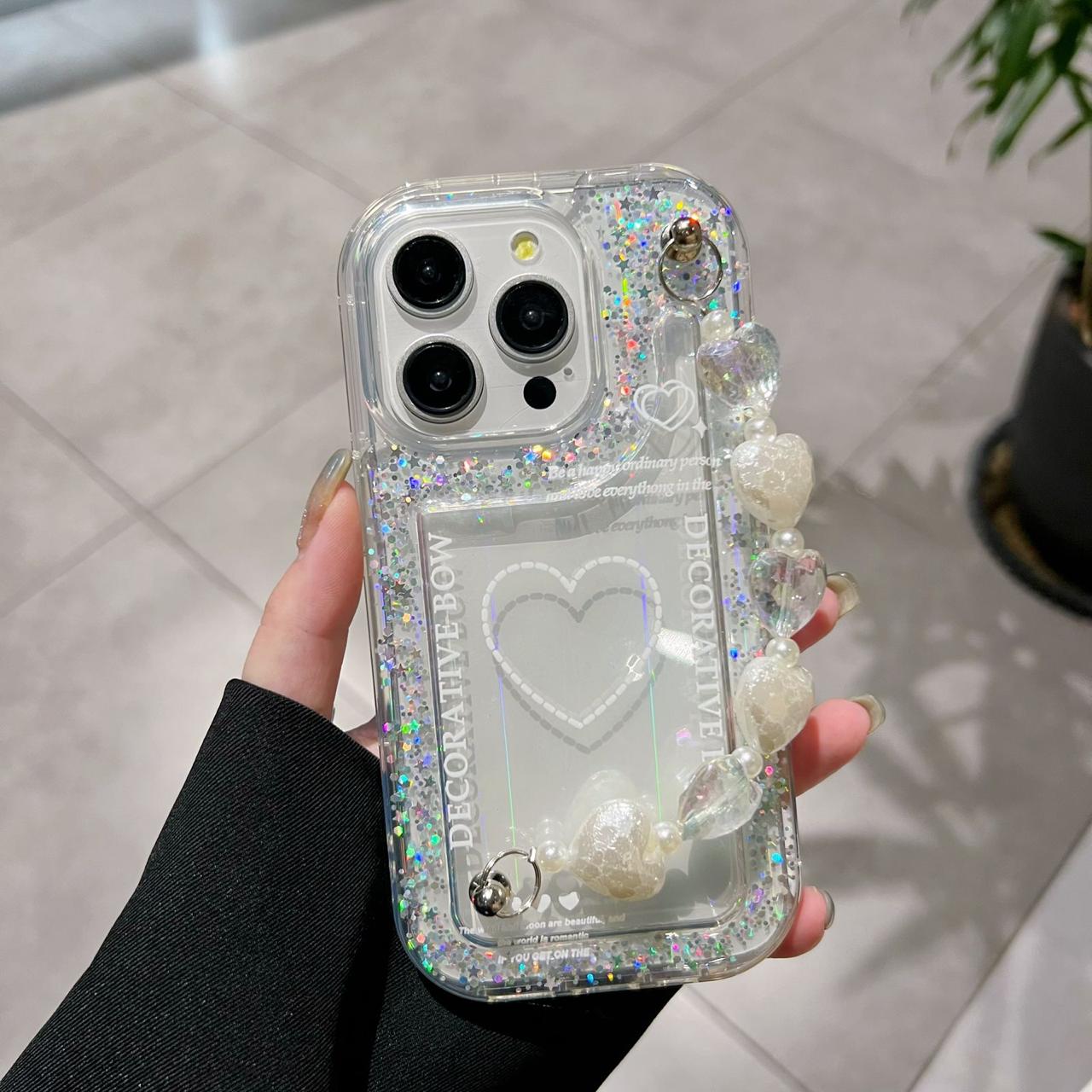 Decorative Bow Glitter Heart With Heart Chain Silicon Phone Cases For iPhone 14