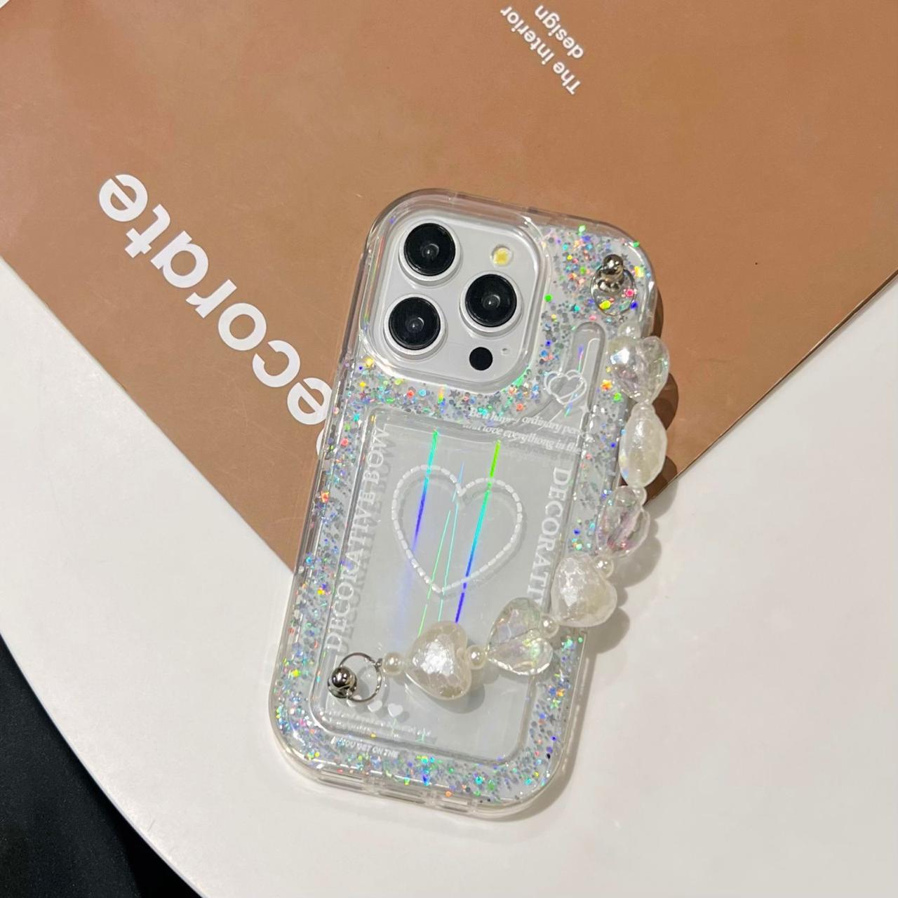 Decorative Bow Glitter Heart With Heart Chain Silicon Phone Cases For iPhone 15 Plus