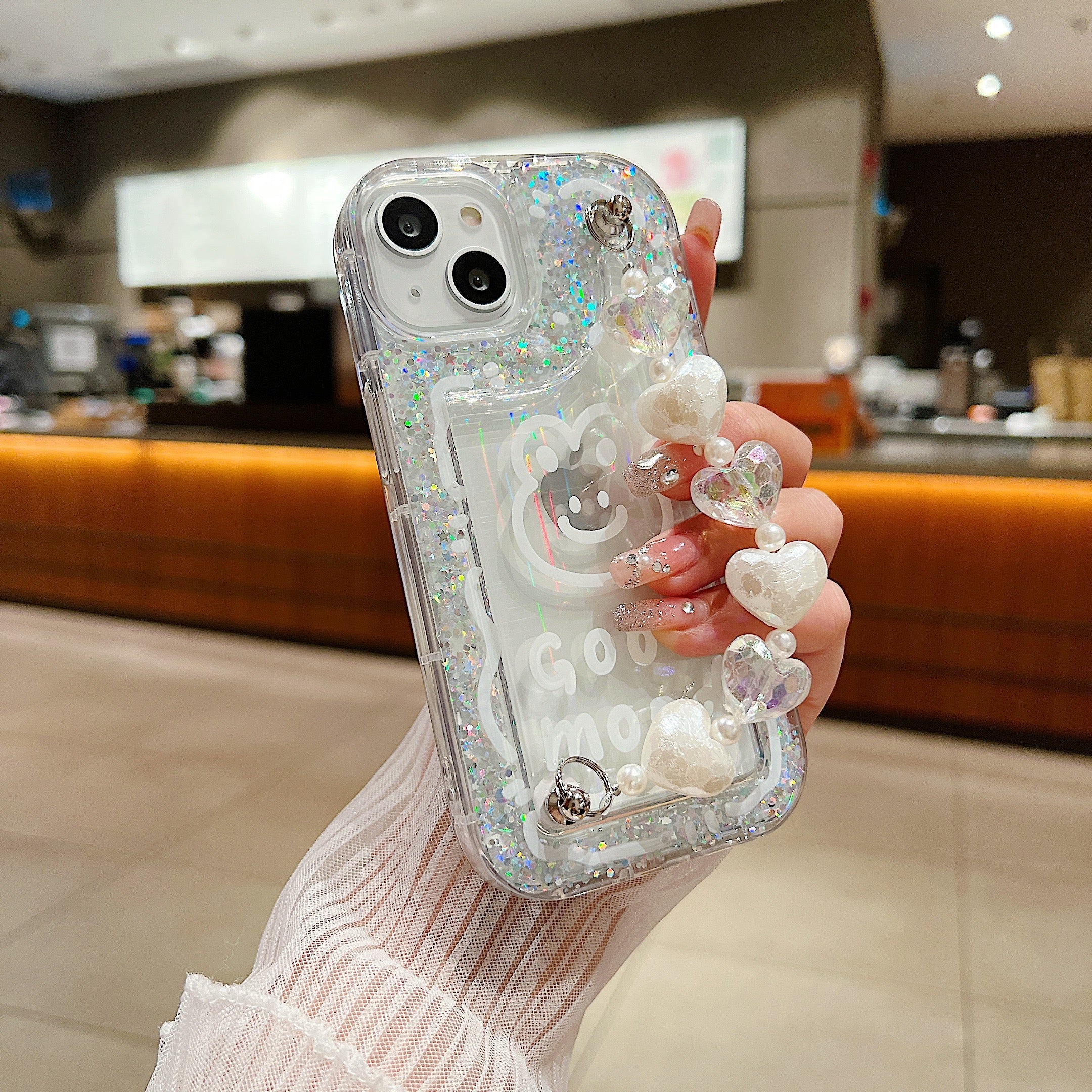 Good Morning Glitter With Chain Silicon Phone Cases For iPhone 12