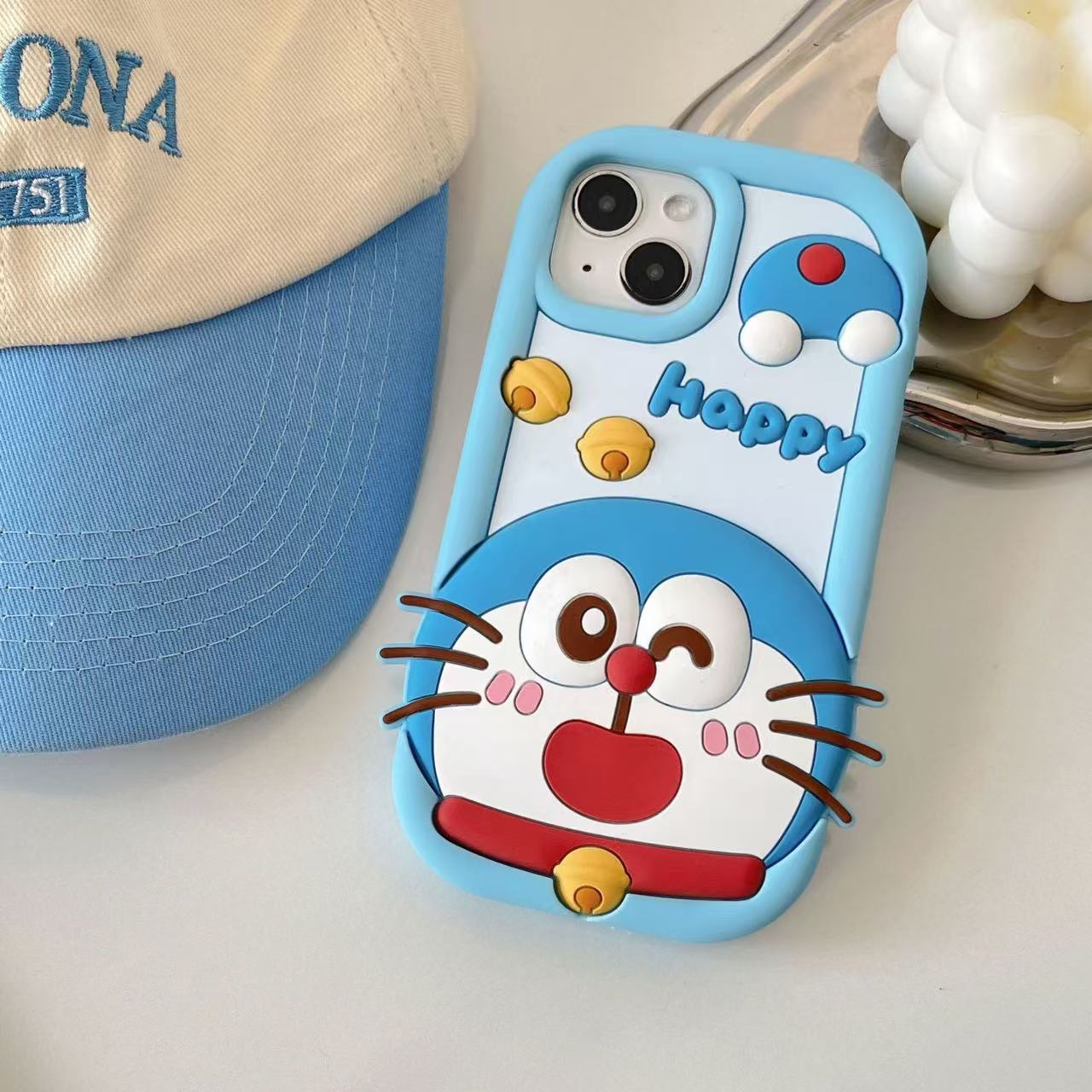Happy Doraemon Silicon Phone Case For iPhone 15 Plus (Universal Camera Cut)