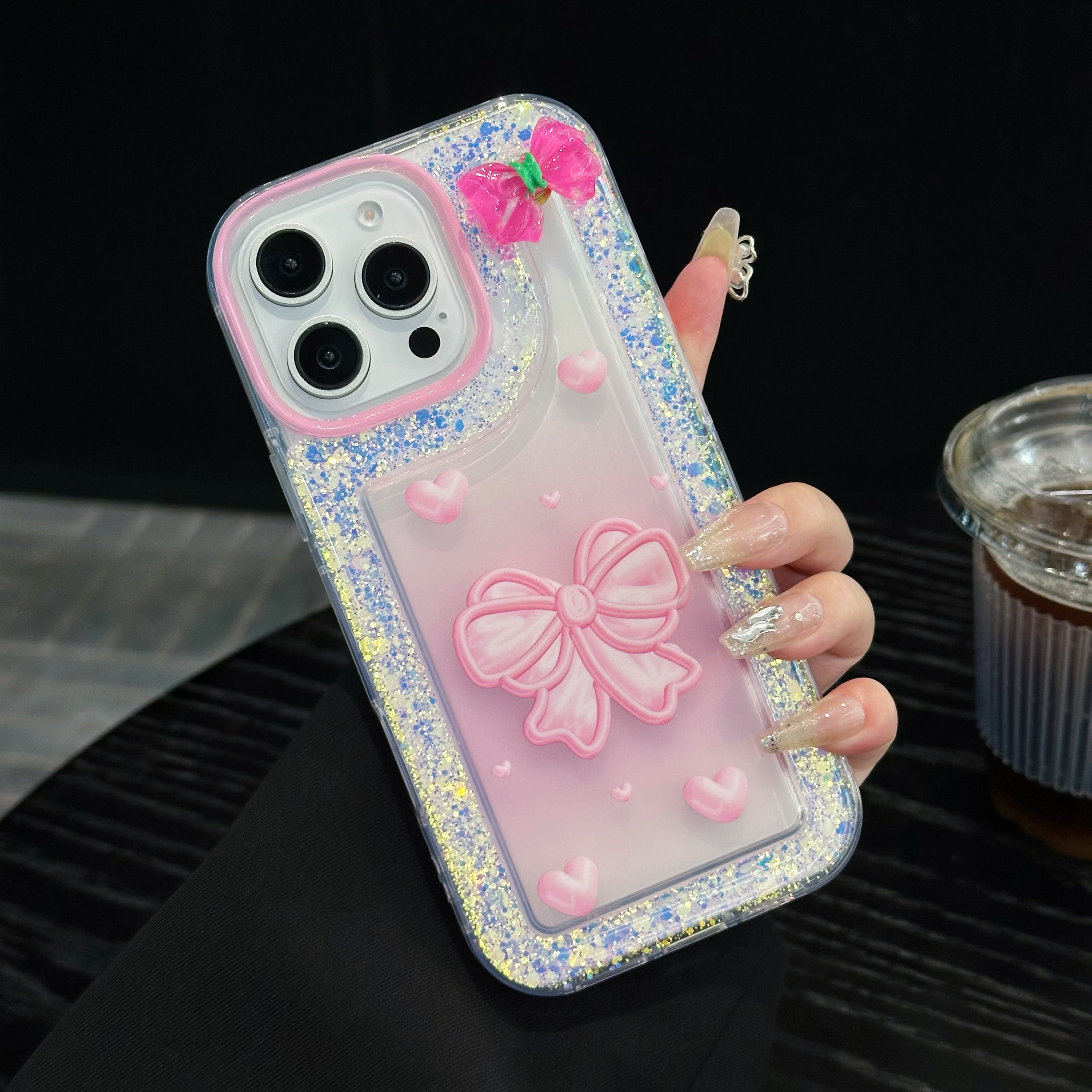 Pink Bow With Glitter Silicon Phone Case For iPhone 15 Plus