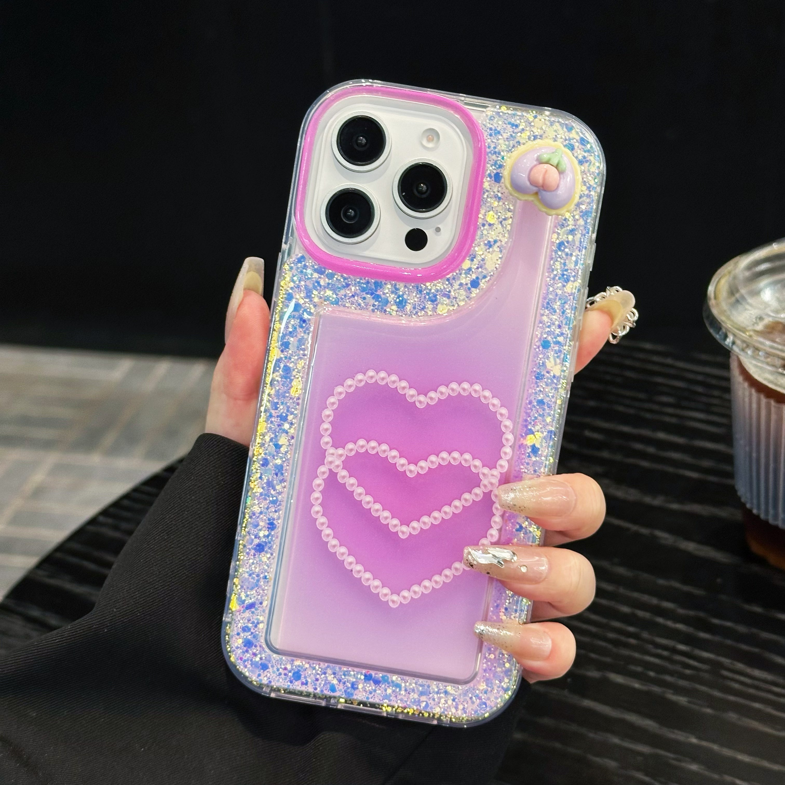 Pink Glitter Diamond Heart Silicon Phone Case For iPhone 16