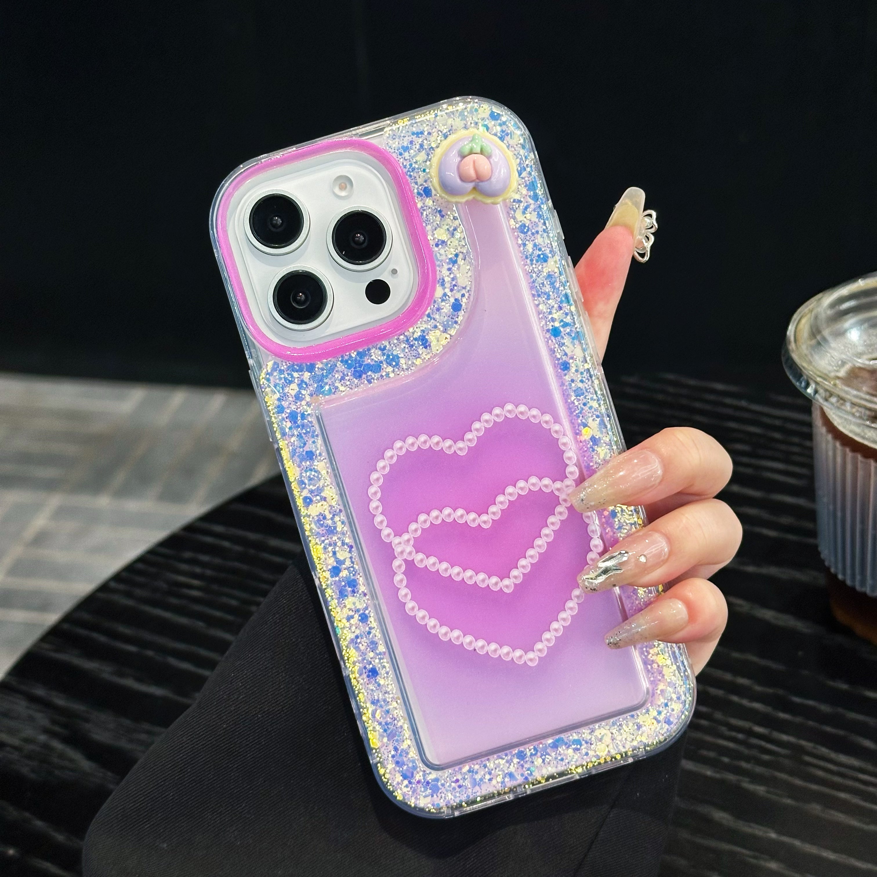 Pink Glitter Diamond Heart Silicon Phone Case For iPhone 15 Plus