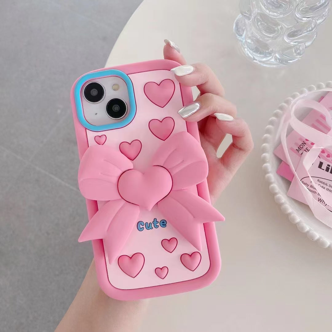 Pink Heart With Bow Stand Silicon Phone Cases For iPhone 16