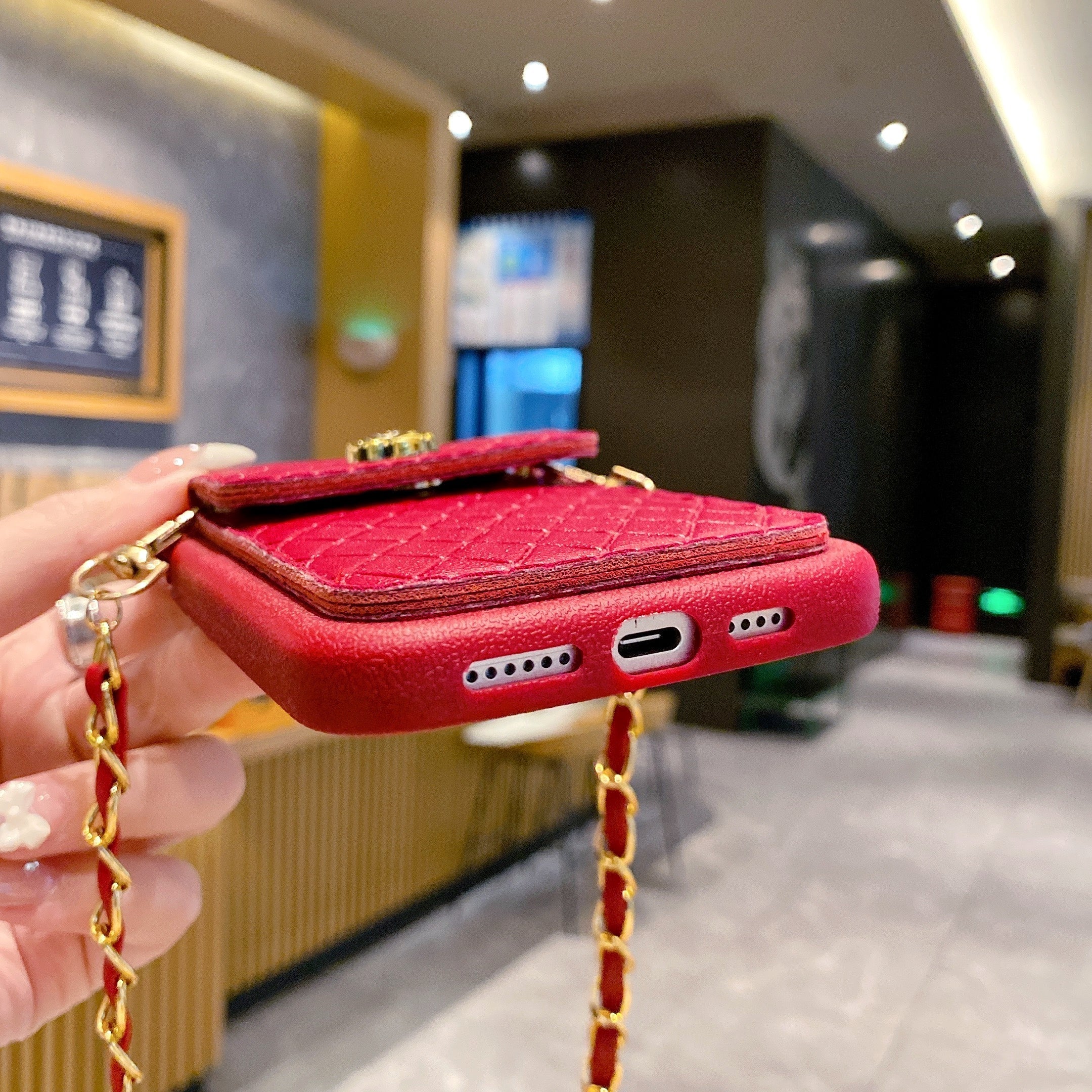 Red Texture Wallet With Golden Chain Silicon Phone Cases For iPhone 14