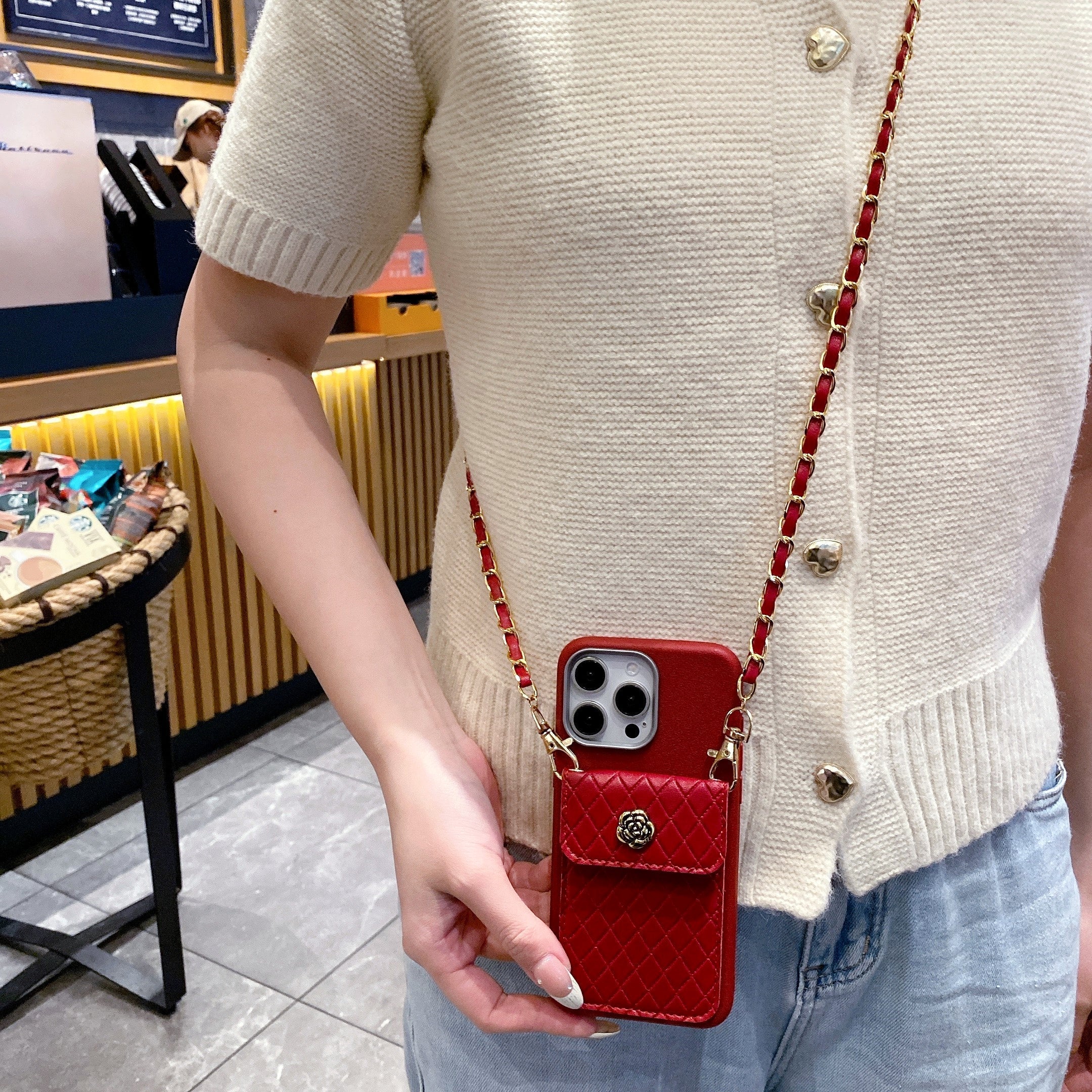 Red Texture Wallet With Golden Chain Silicon Phone Cases For iPhone 14