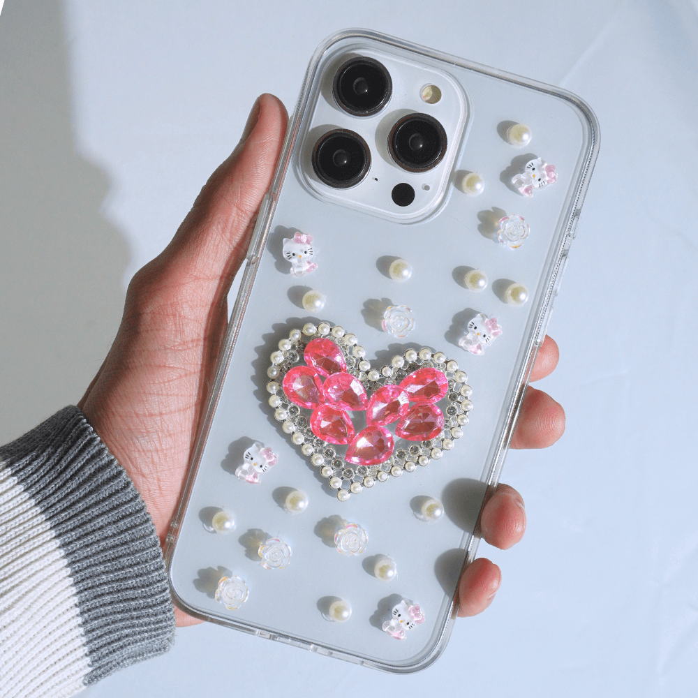 White Peals With Pink Diamond Heart Silicon Phone Cases For iPhone 12