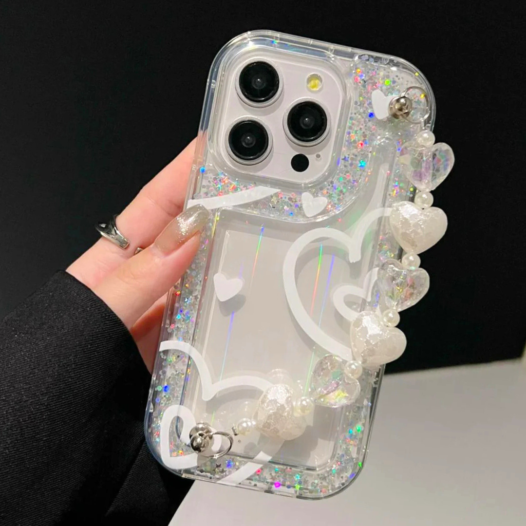 Glitter Heart With Heart Chain Silicon Phone Cases For iPhone 14