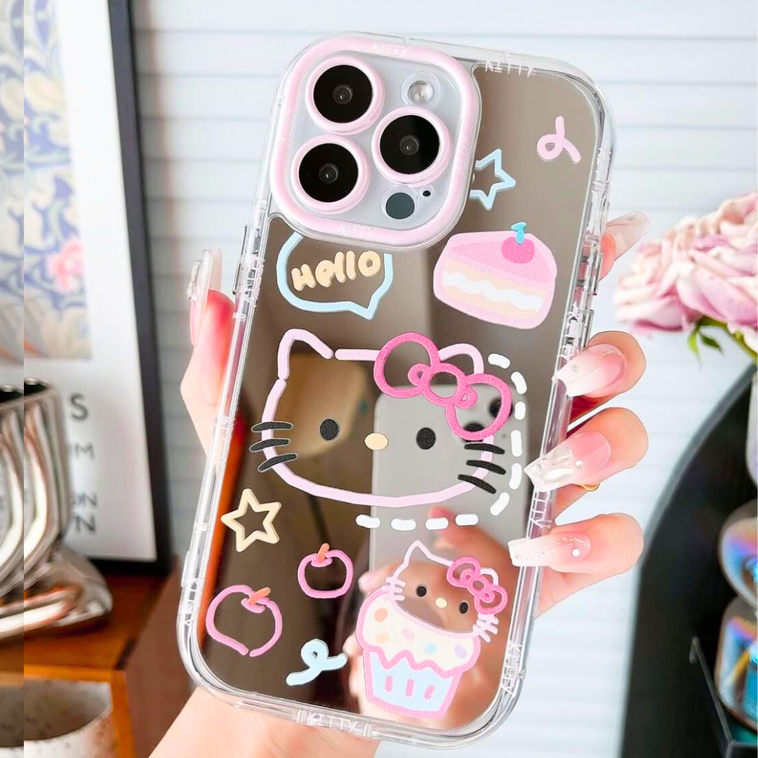 Lovely Hello Kitty Mirror Silicon Phone Cases For iPhone 15 Plus